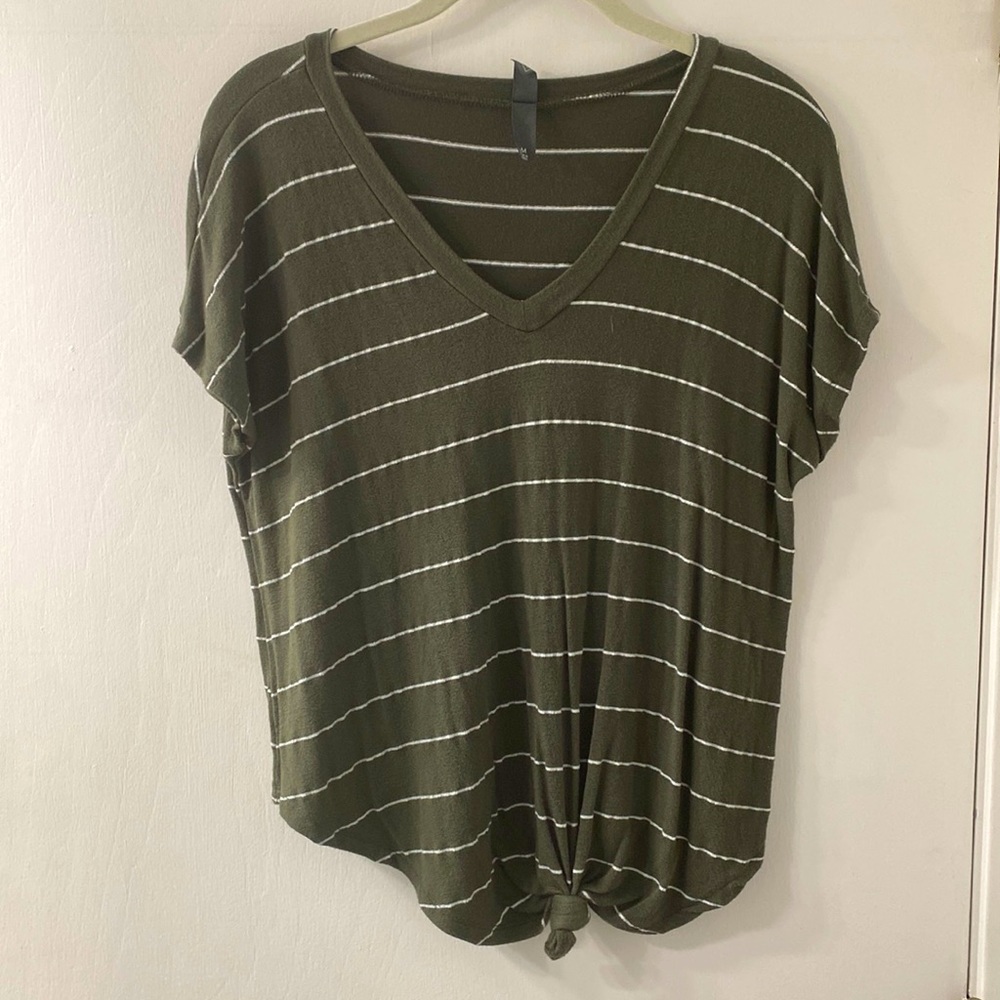 Green and white striped tee with a cute tie at the bottom.